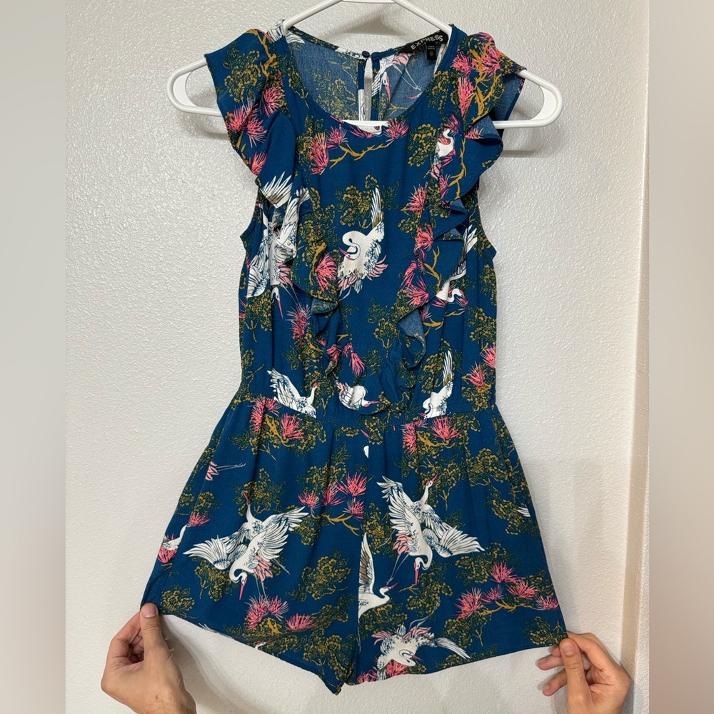 Express blue ruffle romper with bird and floral print and keyhole back